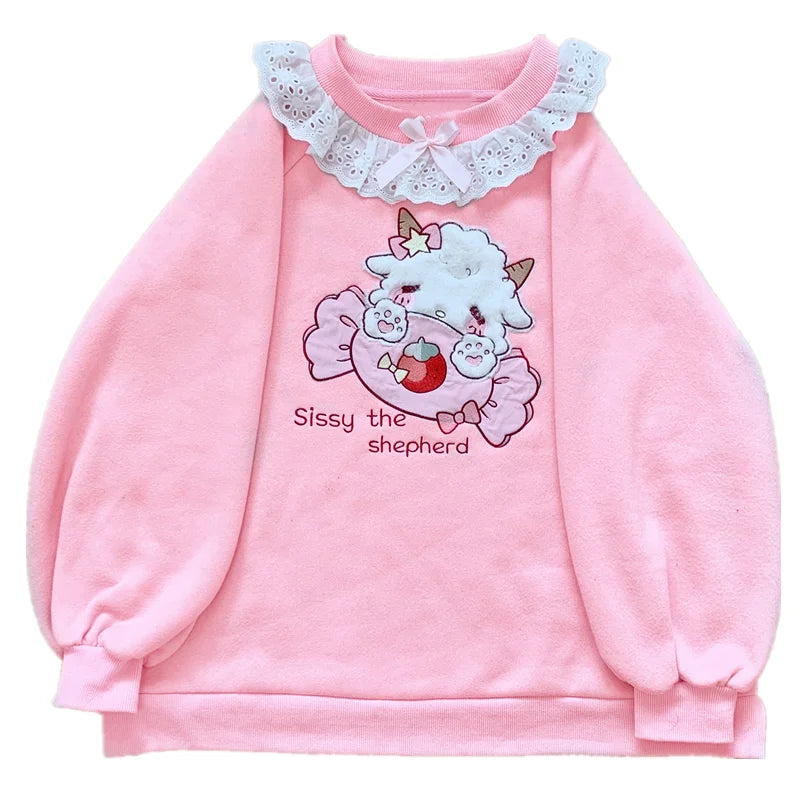 2024 Spring Women Lace Neck Cute Hoodies Harajuku Kawaii Sweatshirt Lolita Girl Pink Pullover Lamb And Candy Embroidery Sudadera